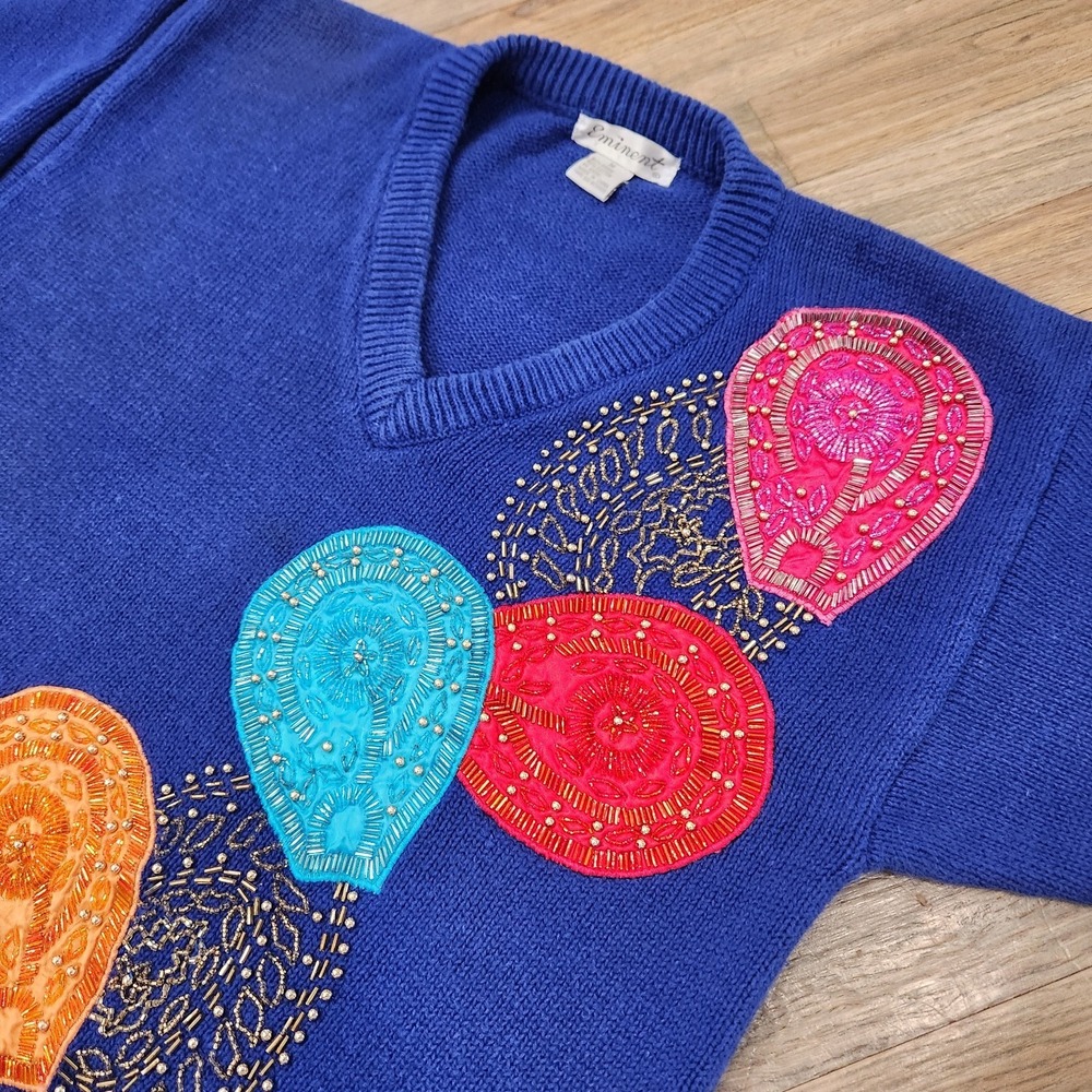 VTG‎ Eminent Sweater Medium Sequins Christmas Balloons Ramie Cotton Embellished - Picture 5 of 10